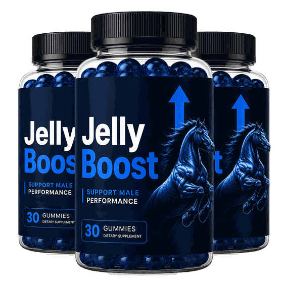 JellyBoost male performance gummies, three sealed bottles from the 2026 production run